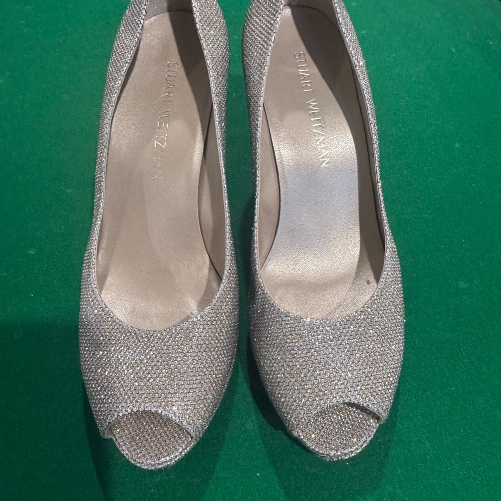 Stuart Weitzman Glittering Silver -Gold Peep-Toe Heels